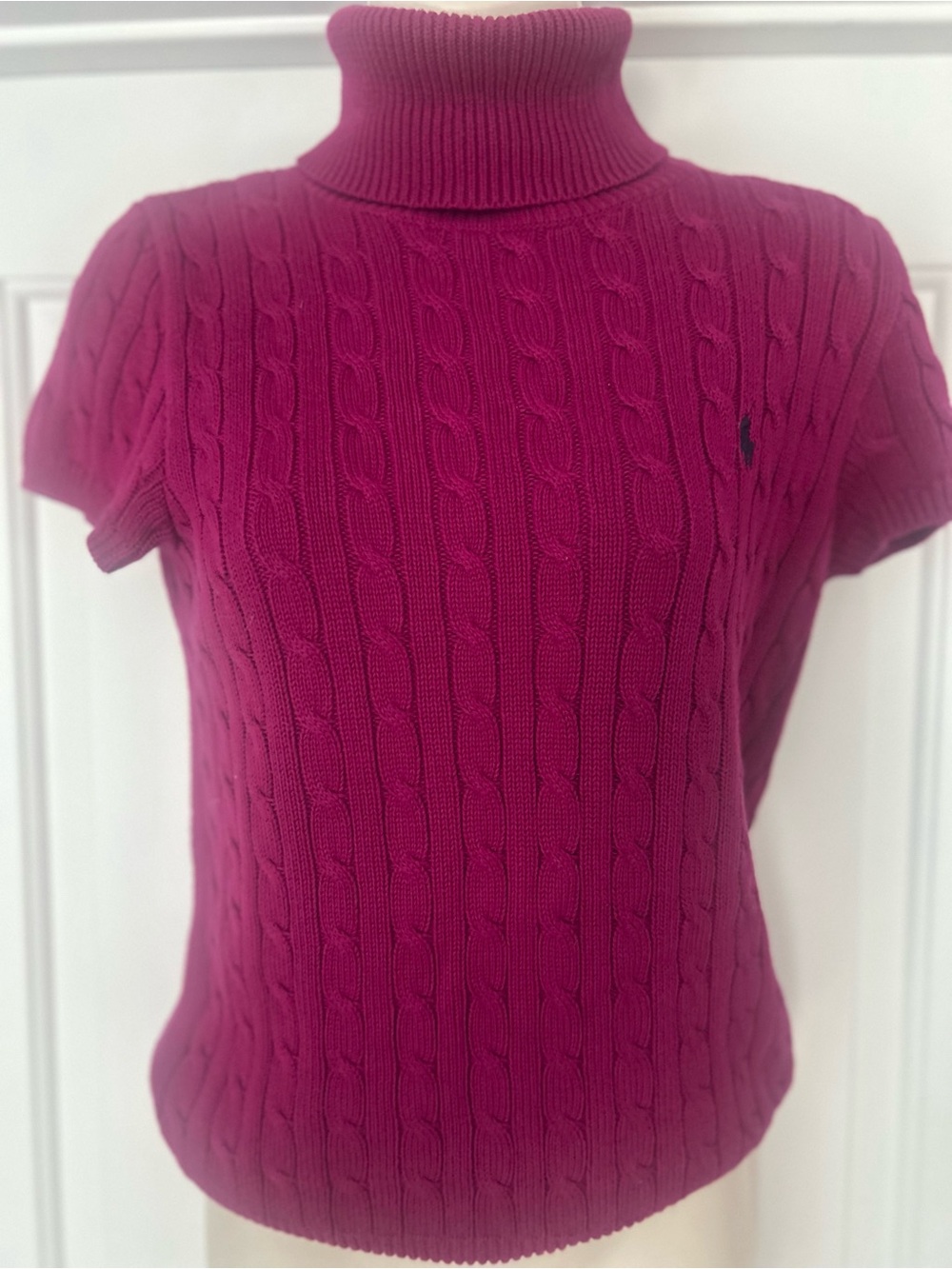 Ralph Lauren Short-Sleeve Cable Knit Turtleneck - Fuchsia